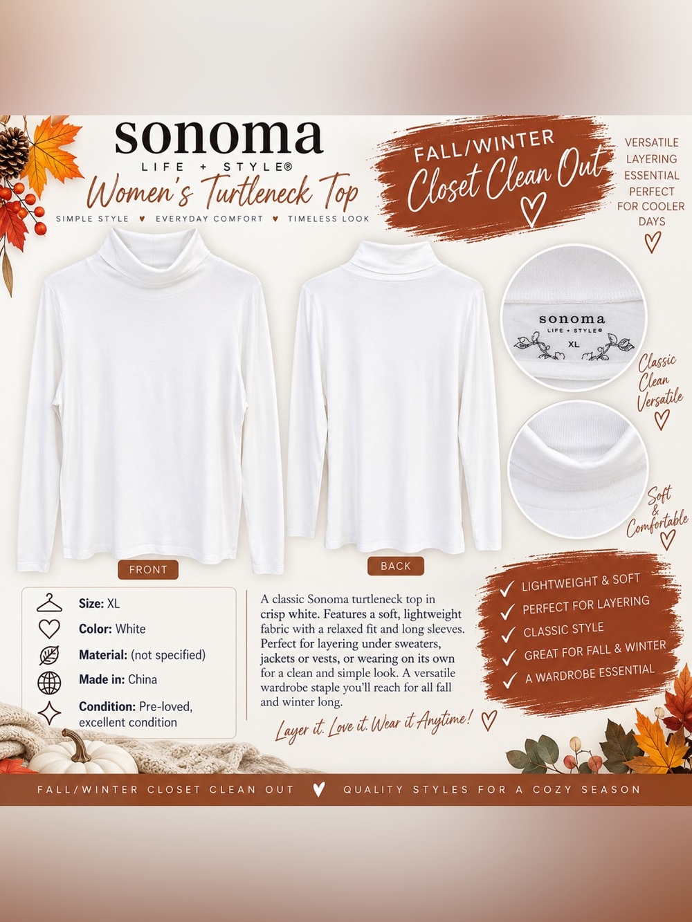 Sonoma White Women’s Turtleneck Long Sleeve Top
